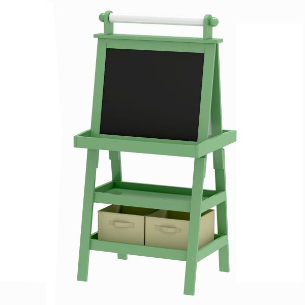 Cavalete de Pintura Infantil 3 em 1 Quadro Dupla Face com Rolo de Papel e Cestos de Arrumação Verde
