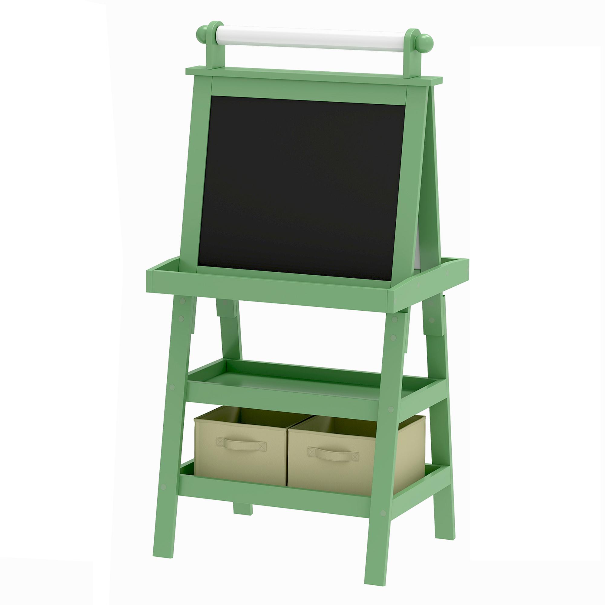 Cavalete de Pintura Infantil 3 em 1 Quadro Dupla Face com Rolo de Papel e Cestos de Arrumação Verde