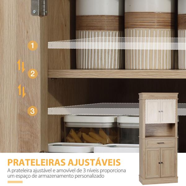 Armário de Cozinha com 4 Portas 1 Gaveta e Prateleira Aberta para Sala de Estar Sala de Jantar 74x39,5x183cm Carvalho