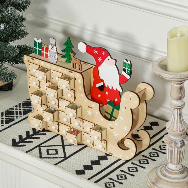 Calendário do Advento de Madeira com 24 Gavetas Decorado com Pai Natal no Trenó Decoração de Natal 22,5x8x36 cm Madeira