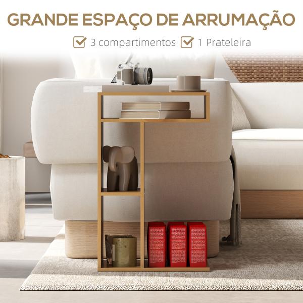 Mesa Auxiliar em Forma de C Mesa Auxiliar para Sofá com Rodas Compartimentos Abertos 40x30x69 cm Madeira