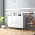 Aparador Sala de Estar Moderno com 2 Portas 3 Gavetas e Pés de Madeira de Pinho 90x32x80 cm Branco