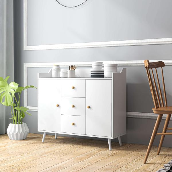 Aparador Sala de Estar Moderno com 2 Portas 3 Gavetas e Pés de Madeira de Pinho 90x32x80 cm Branco