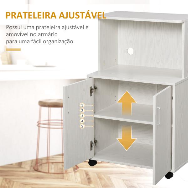 Armário Auxiliar para Micro - ondas Armário de Cozinha Baixo com Armário de 2 Portas e Prateleira Ajustável com Rodas Carga 70 kg 60,4x40,3x97 cm Branco
