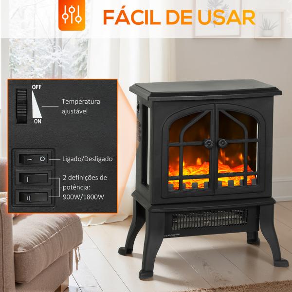 Lareira Elétrica 900/1800W com Efeito Chama 3D 2 Níveis de Potência Termóstato Ajustável para 15 - 30 ㎡ 39x24x48 cm Preto