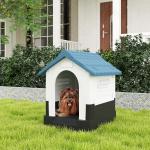 Casa para Cães Mini de Exterior em Plástico com 3 Janelas Base Elevada Telhado Inclinado 64,5x57x66 cm Azul