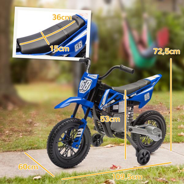 Mota Elétrica Infantil 12V com Música, Velocidade 2,4 - 5 km/h, Rodas Auxiliares, 107x56x70 cm, Azul