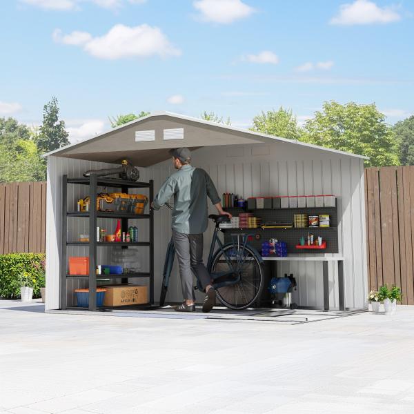 Abrigo de Jardim 277x195x192 cm Metálico para Armazenamento de Ferramentas com Base de Reforço Incluída Madeira