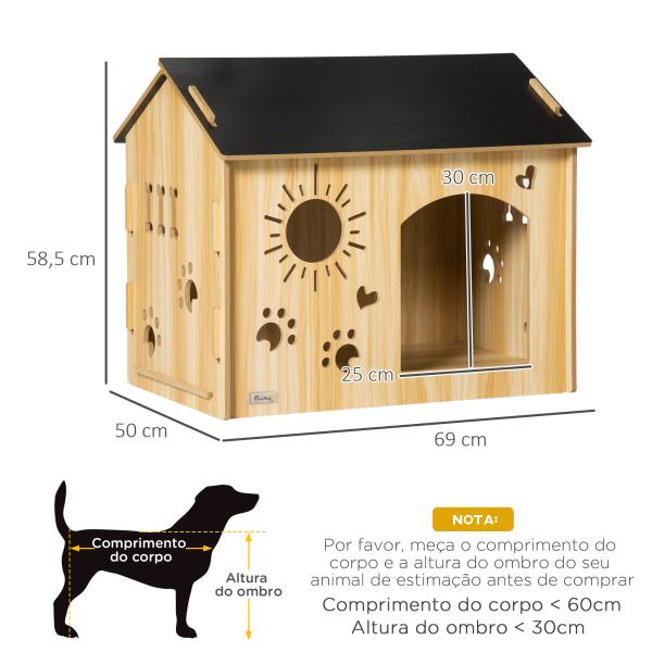Casa de Madeira para Cães Casa para Animais de Estimação com Porta Dianteira Desenhos 69x50x58,5cm Madeira e Preto