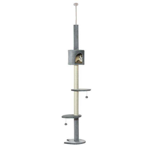 Árvore Arranhador para Gatos para Fixar ao Teto Altura Ajustável 229 - 235cm 260 - 266cm com Plataformas Caverna Postes de Sisal Bolas Penduradas 40x40x217 cm Cinza Claro