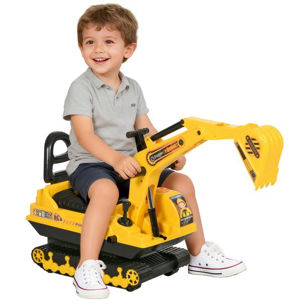 Escavadora sem Pedais com Braço Móvil Carro Andador com Assento de Armazenamento Pá Dianteira e Buzina 78x24x58,5 cm Amarelo