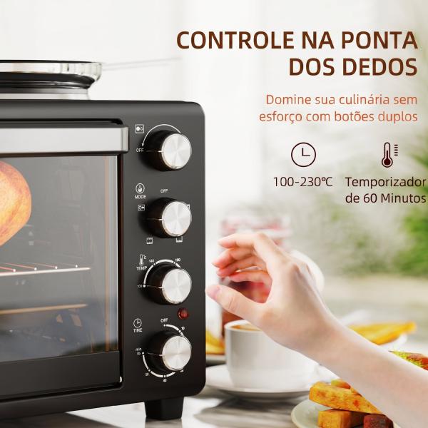 Forno Elétrico de Bancada 28L 2600W com Placas de Cozedura, Temperatura Ajustável, Temporizador e Tabuleiro, Preto