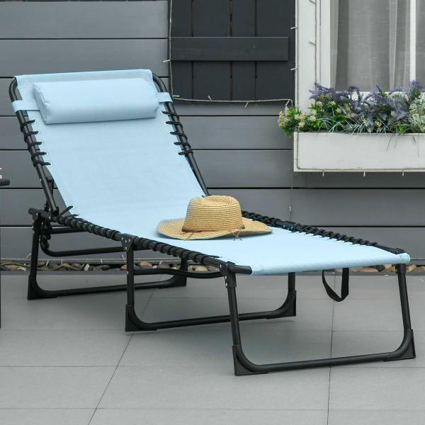 Espreguiçadeira Dobrável com Apoio de Cabeça Reclinável 4 Posições e Estrutura em Aço 189x58x30 cm Azul Claro