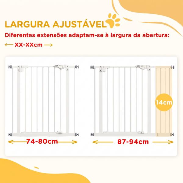 Barreira de Segurança para Cães 74 - 94 cm com Extensão, Montagem por Pressão e Bloqueio Duplo, Branco