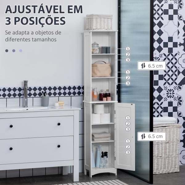 Coluna Casa de Banho com 3 Compartimentos de Armazenamento Porta e Prateleiras Ajustáveis 34x23x165 cm Branco