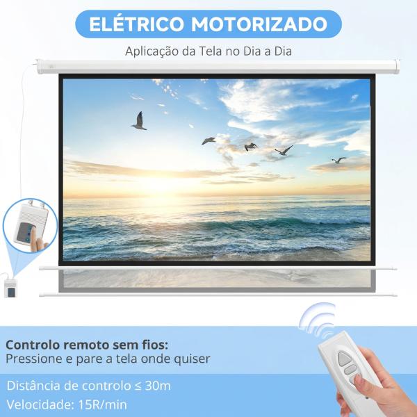 Ecrã de Projeção Elétrico 120 Polegadas com Comando à Distância 16:9 para Interior e Exterior Branco