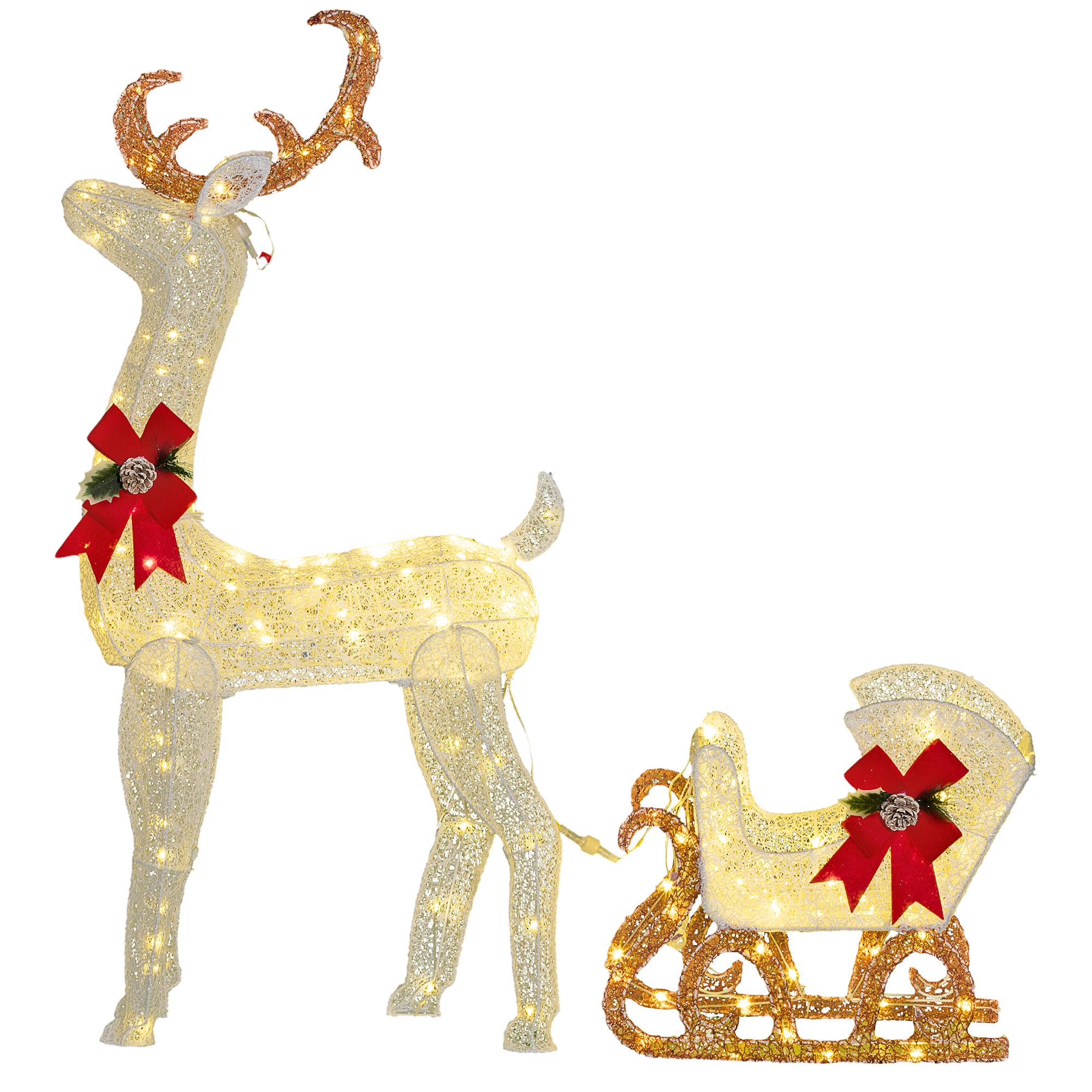 Rena com Trenó Luminoso Decoração de Natal com 170 LED Branco Quente Iluminação Natalícia 50x29x42 cm Multicor