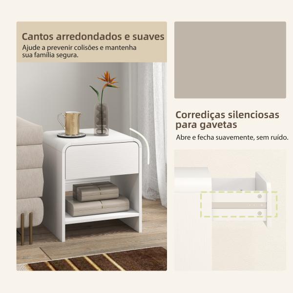 Conjunto de 2 Mesas de Cabeceira Nórdicas com Cantos Arredondados, Gaveta e Prateleira Aberta 40x35x45 cm Branco