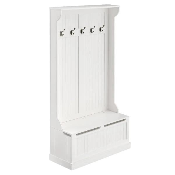 Móvel Cabide de Entrada com Banco Armário de Entrada com Cabide 5 Ganchos e Espaço de Armazenamento 96x34x179,7cm Marfim