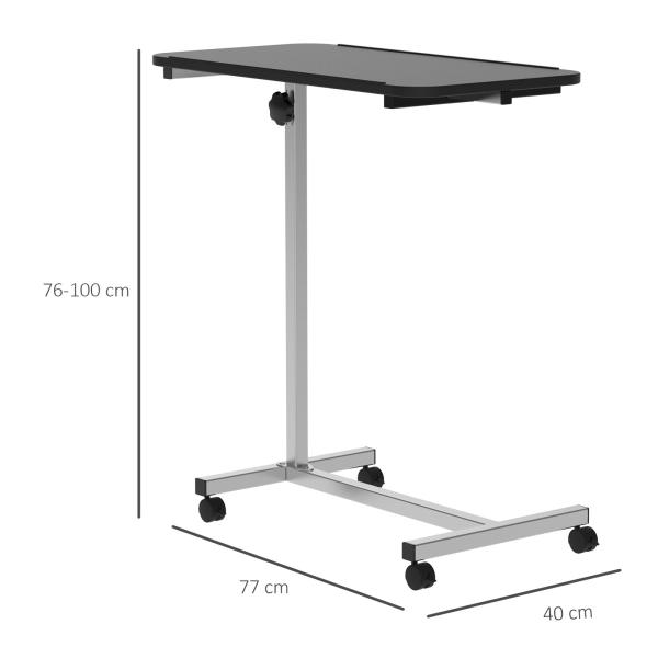 Mesa Auxiliar com Rodas Mesa para Sofá ou Cama com Altura Ajustável e Estrutura de Metal 77x40x76 - 100 cm Preto e Prata