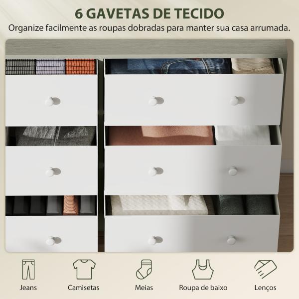 Cómoda com 6 Gavetas de Tecido Cómoda para Quarto Estrutura de Aço e MDF 114x30x70 cm Branco e Cinza