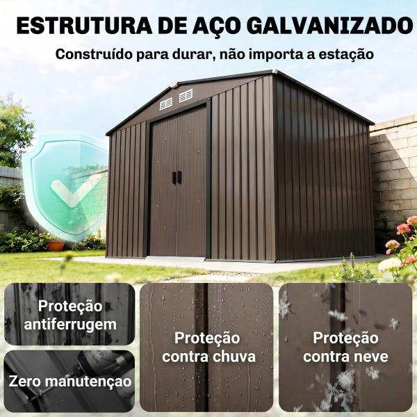 Abrigo de Jardim 277x195x192 cm Metálico para Armazenamento de Ferramentas com Base de Reforço Incluída Madeira
