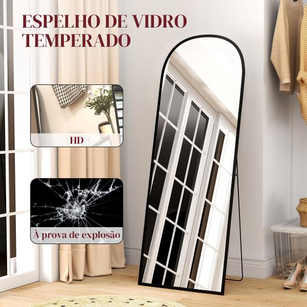Espelho de Pé Espelho de Corpo Inteiro 60x165 cm com Estrutura de Liga de Alumínio e Suporte para Sala Quarto Preto