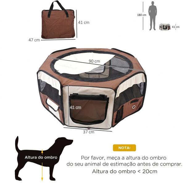 Parque Dobrável para Cães e Gatos, Cercado Portátil para Animais Pequenos em Tecido Oxford Impermeável, Ø90x41 cm, Castanho