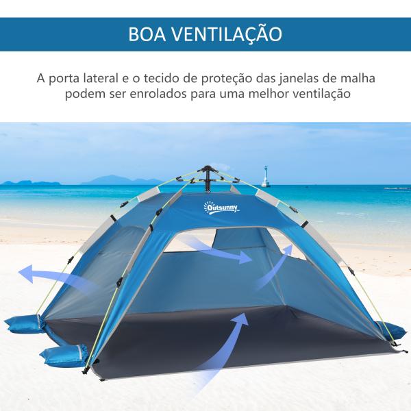Tenda de Praia Dobrável Tenda de Praia Pop - up 1 - 2 Pessoas com 2 Portas 2 Janelas e Bolsa de Transporte 220x173x120 cm Azul
