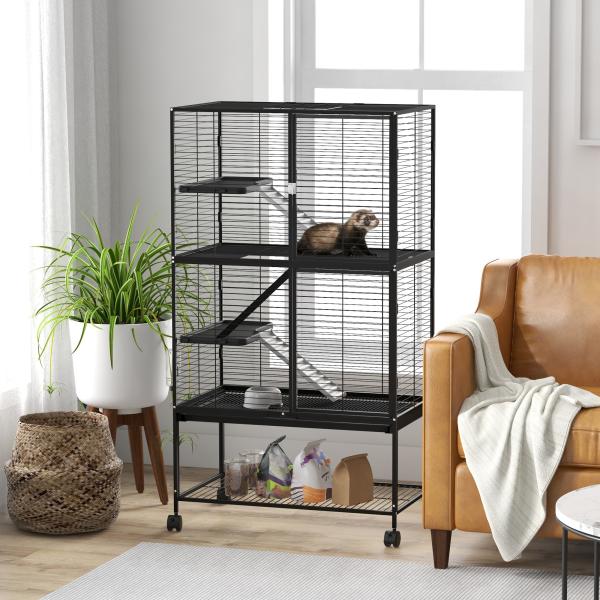 Gaiola para Animais Pequenos de 4 Níveis com Rodas Rampa Comedouro Bebedouro e Bandeja Removível 78x45,5x136 cm Preto