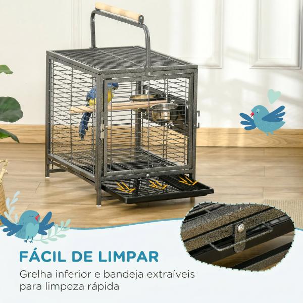 Gaiola para Pássaros Portátil com 2 Poleiros de Madeira Comedouros de Aço Inoxidável e Bandeja Amovível 48x38x47,8 cm Preto