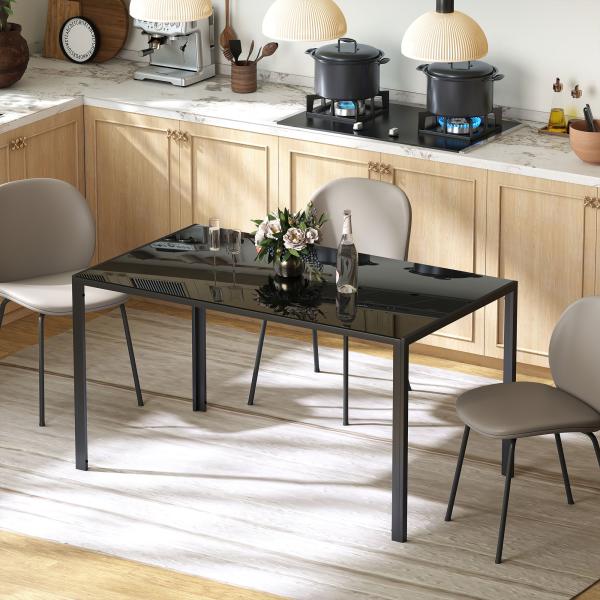 Mesa de Refeição de Vidro Mesa Retangular para 6 Pessoas com Pés de Metal 140x80x75 cm Preto