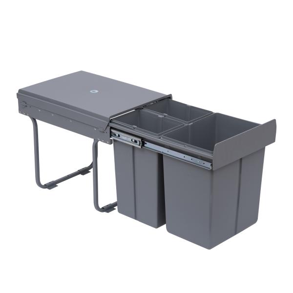 Cubos de Lixo para Cozinha com 3 recipientes de Reciclagem Removíveis 1x20L e 2x10L Metal e Plástico 48x34,2x41,8cm Cinza