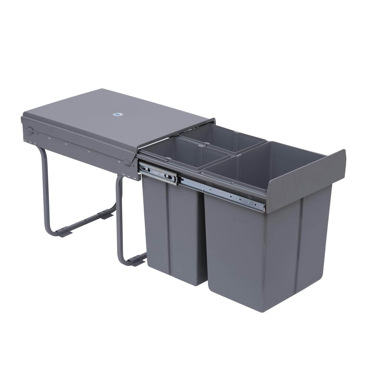 Cubos de Lixo para Cozinha com 3 recipientes de Reciclagem Removíveis 1x20L e 2x10L Metal e Plástico 48x34,2x41,8cm Cinza