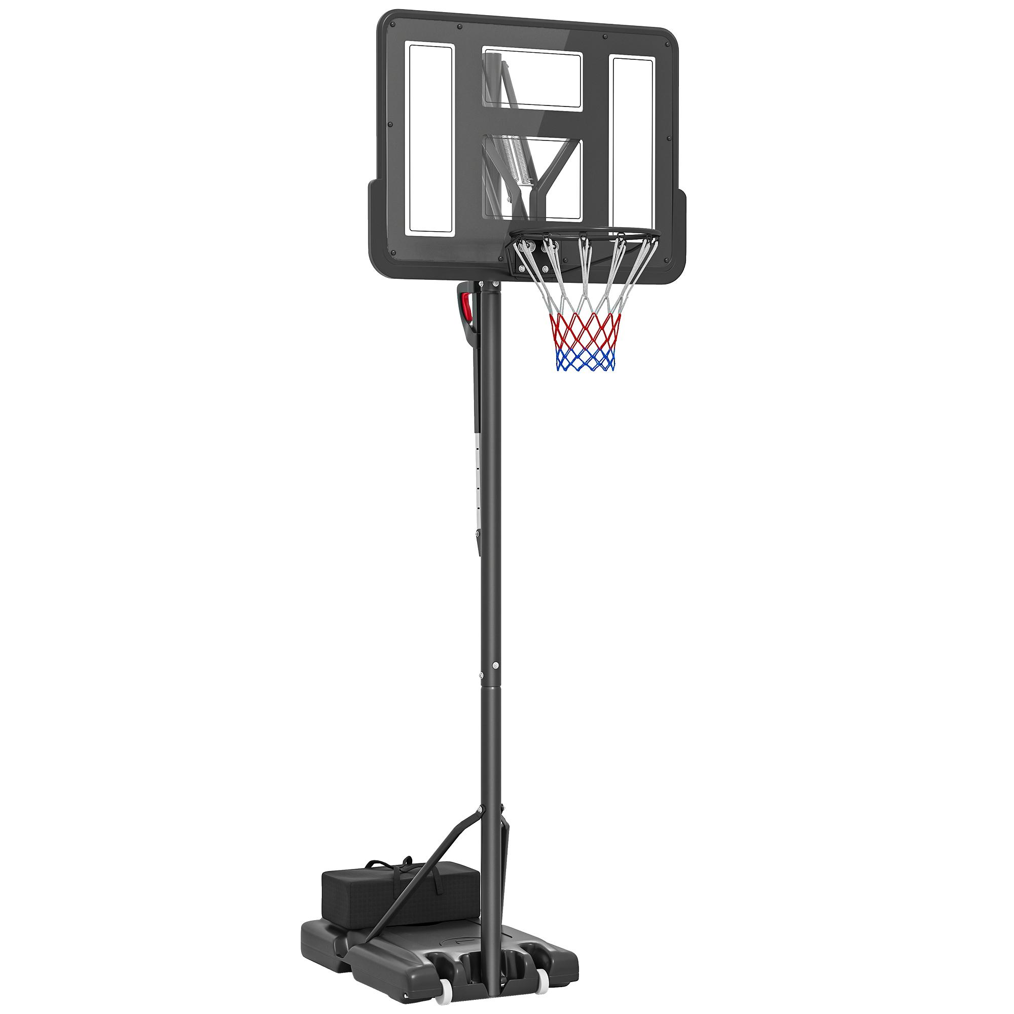 Tabela de Basquetebol de Exterior com Altura Ajustável Suporte Rodas Base Recarregável e Bolsa de Peso 90x60x305 cm Preto