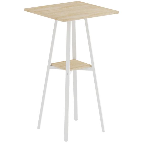 Mesa Alta de Cozinha Quadrada com Prateleira Mesa Alta de Bar para 2 Pessoas Pernas de Metal 55x55x95 cm Madeira e Branco