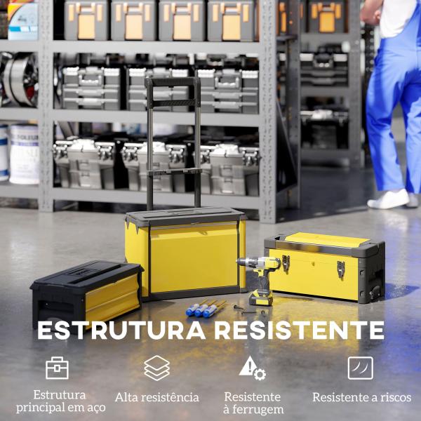 Caixa de Ferramentas Empilhável 3 em 1 Caixa de Ferramentas com Rodas Carro de Ferramentas de Aço 52x32x72 cm Amarelo e Preto