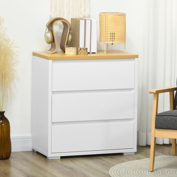 Cómoda Moderna com 3 Gavetas de Madeira para Dormitório Carga Máxima 40 kg 70x37x75 cm Branco e Madeira