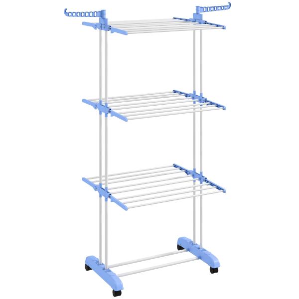 Estendal Dobrável para Roupa com Rodas Estendal Vertical de Aço com 3 Níveis Laterais Dobráveis 73x64x177cm Azul e Branco