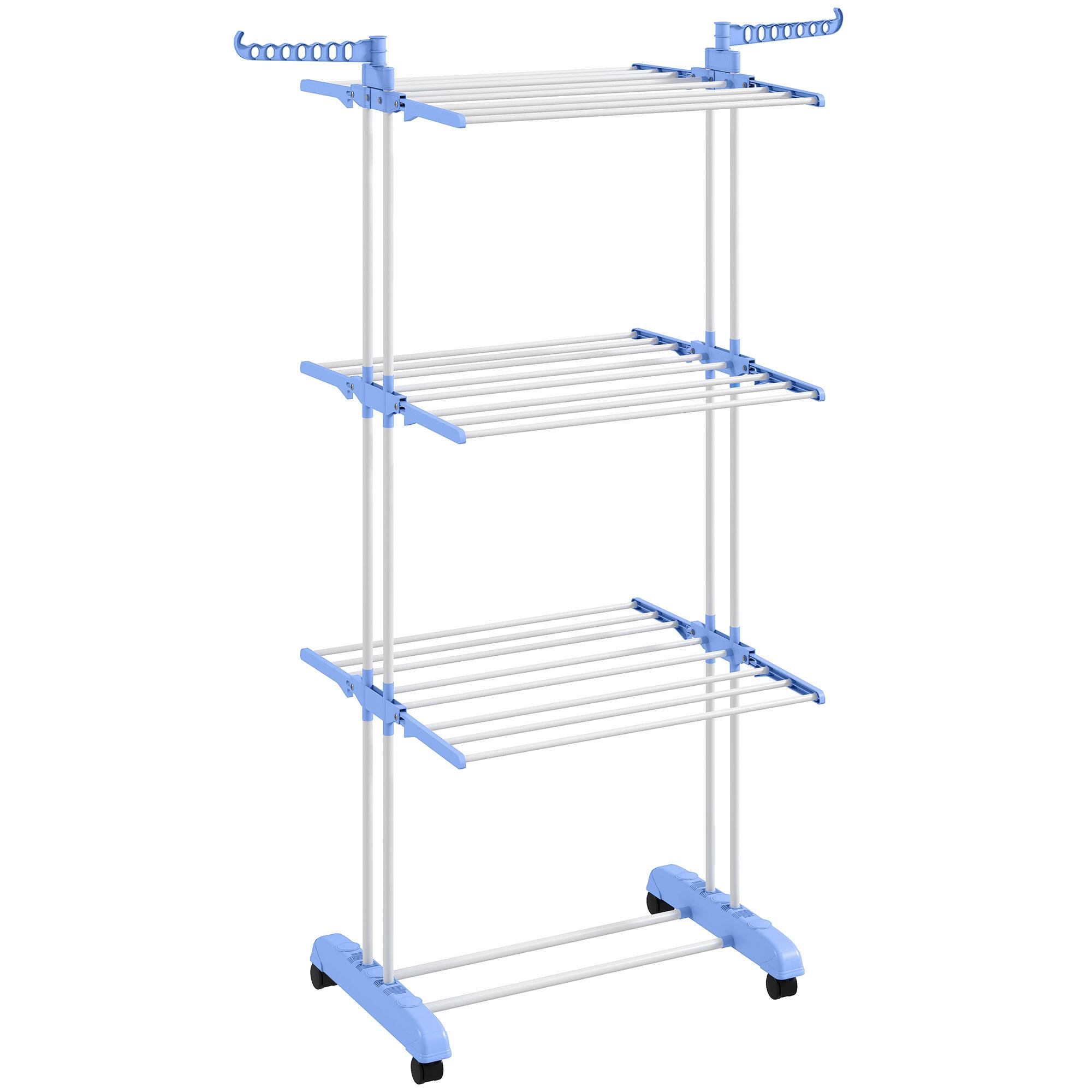 Estendal Dobrável para Roupa com Rodas Estendal Vertical de Aço com 3 Níveis Laterais Dobráveis 73x64x177cm Azul e Branco