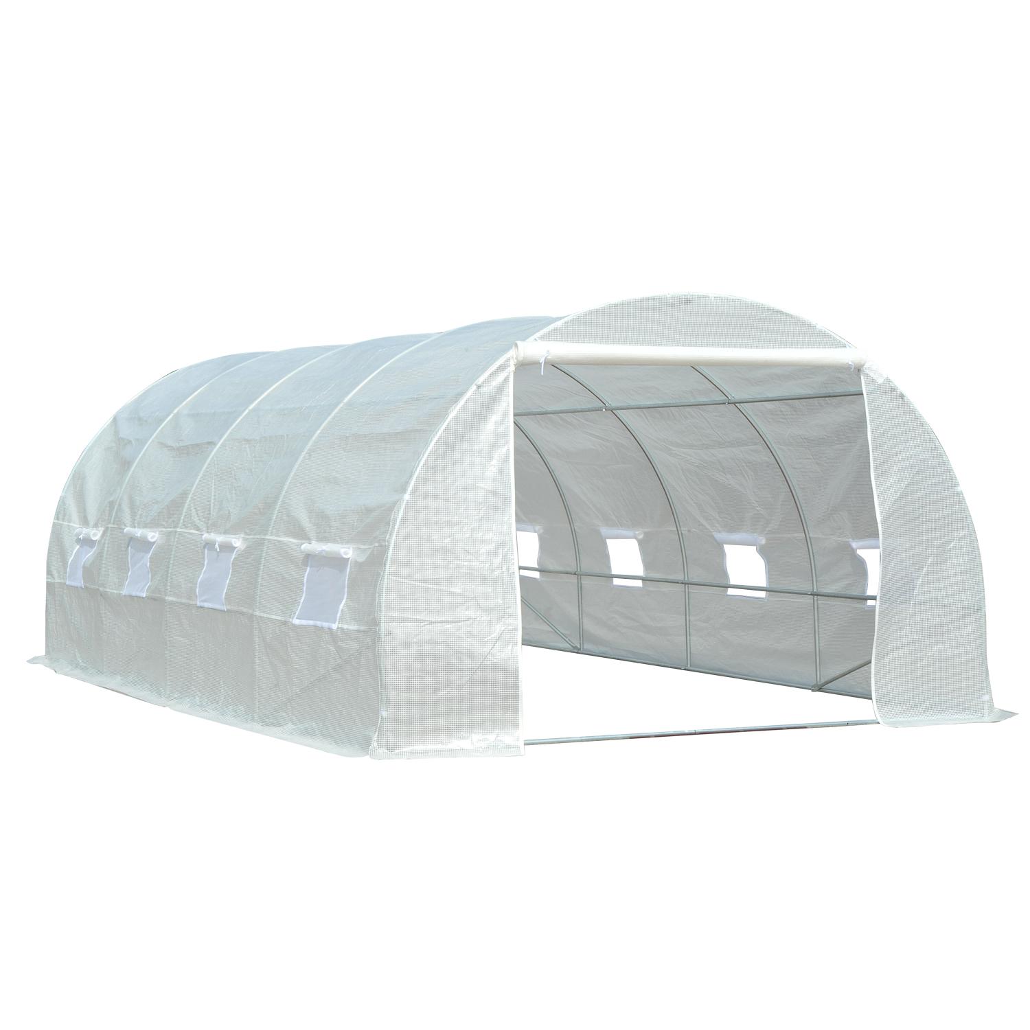 Estufa Tipo Túnel 595x300x200 cm com 8 Janelas e Cobertura de Polietileno para Cultivo de Plantas Estrutura de Aço 24mm para Jardim Branco