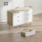Cómoda 6 Gavetas Cómoda Quarto com Pernas de Madeira Estilo Moderno 110x40x75 cm Branco Brilhante e Carvalho