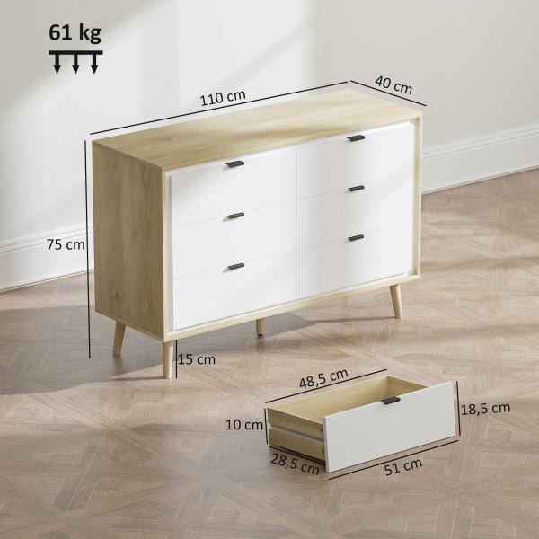 Cómoda 6 Gavetas Cómoda Quarto com Pernas de Madeira Estilo Moderno 110x40x75 cm Branco Brilhante e Carvalho