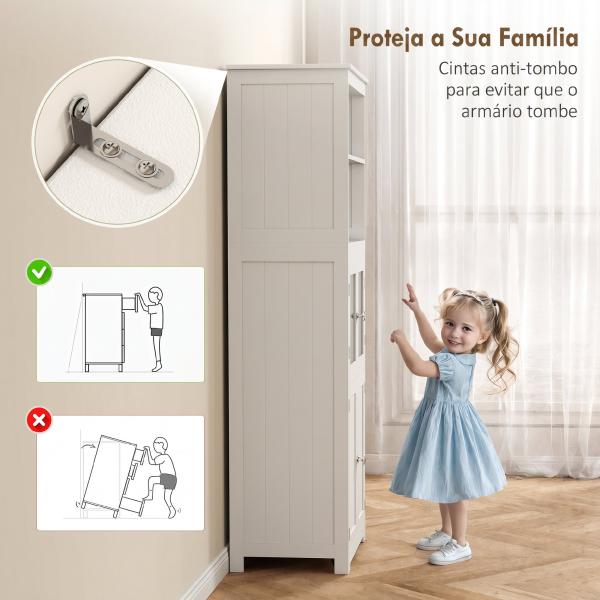 Armário de Cozinha com 2 Portas de Vidro Temperado 2 Prateleiras Abertas e Armário com Prateleira Ajustável 60x30x162 cm Branco