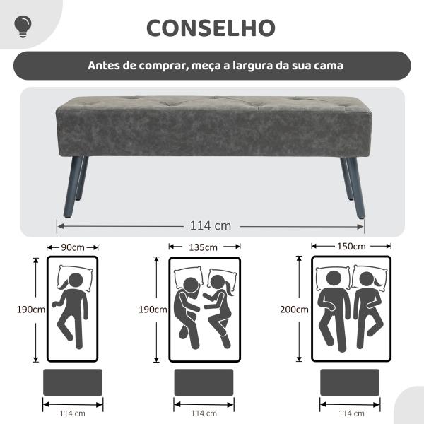 Banco de Pé de Cama Multifuncional Clássico Banco Dormitório com Pés de Madeira e Assento Acolchoado 114x38x42 cm Cinza