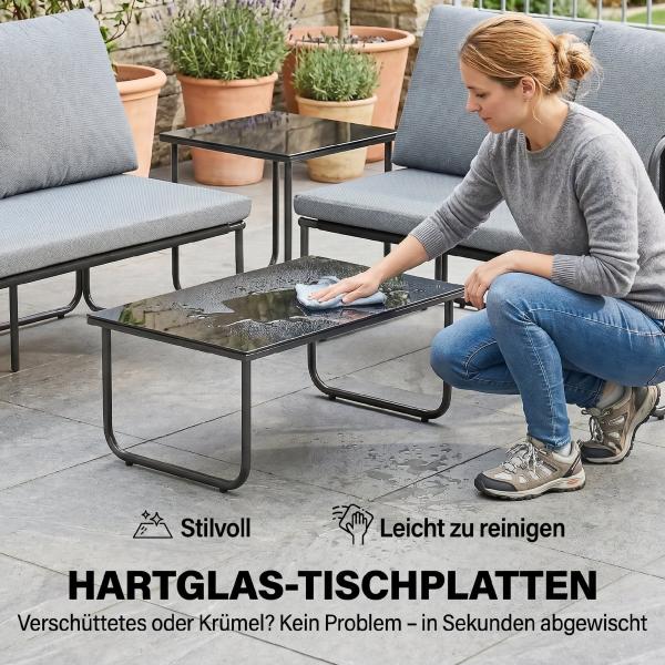 Conjunto de Jardim de 4 Peças Móveis de Exterior com 2 Sofás de 2 Lugares 2 Mesas de Vidro Almofadas Capas Removíveis Cinzento