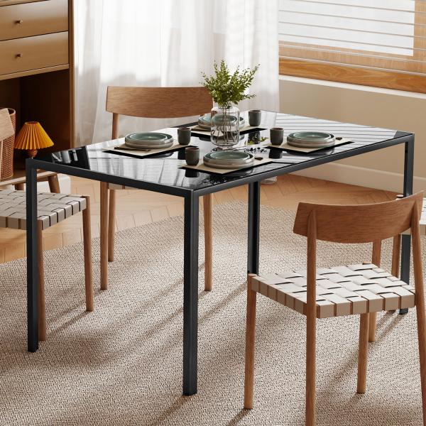 Mesa de Refeição de Vidro Mesa Retangular para 6 Pessoas com Pés de Metal 140x80x75 cm Preto