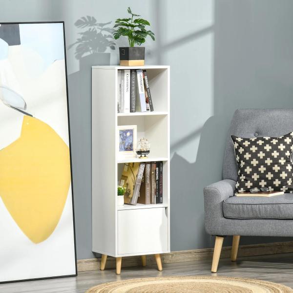Estante com 3 Prateleiras Abertas e 1 Fechada com Porta Estante de Estilo Moderno para Armazenamento de Livros Brinquedos Plantas 40x30x129,5cm Branco