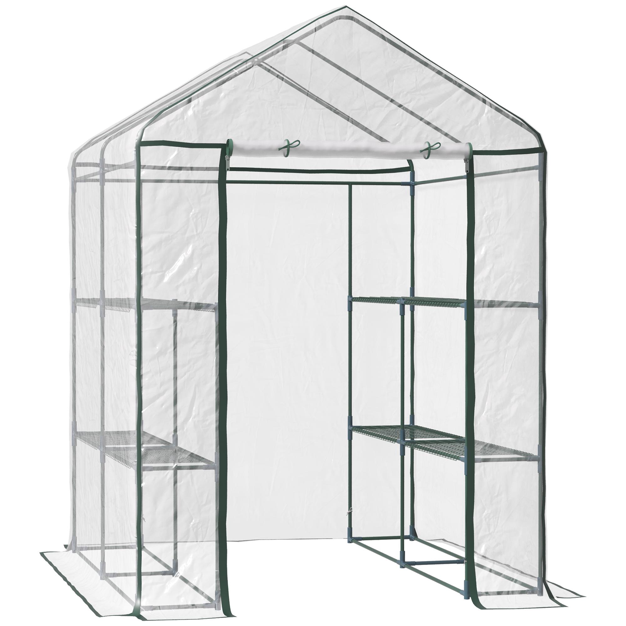 Estufa Transparente de Jardim Estufa de Plantas de 3 Níveis com Prateleiras Estrutura de Aço 143x143x195cm Transparente e Verde