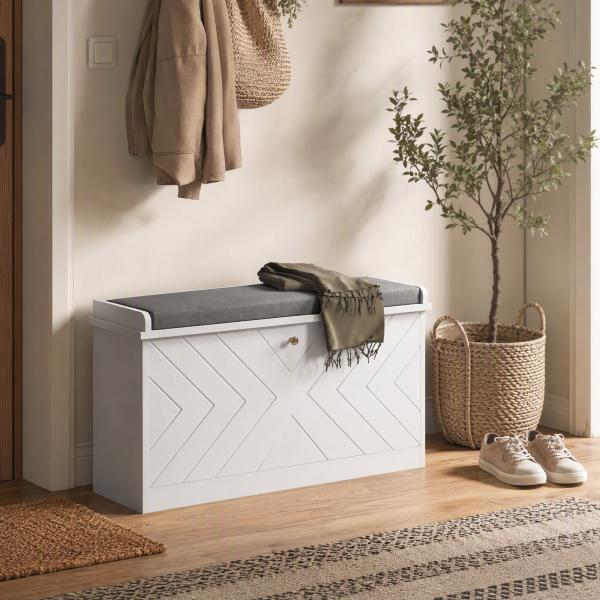 Banco Sapateira Moderno de Madeira com Prateleiras Ajustáveis e Almofada Acolchoada para 8 Pares de Sapatos 80x26x44,5 cm Branco